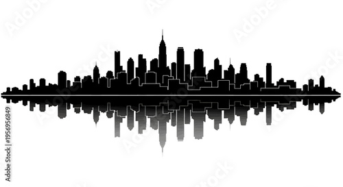 Black silhouette of a sprawling metropolitan city skyline reflecting over a calm water surface