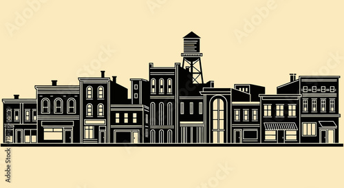 Black and white silhouette illustration of a classic small town city street with old buildings
