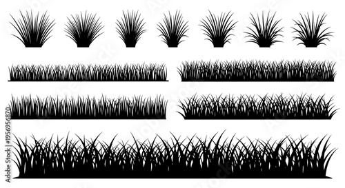 A collection of various black silhouettes featuring different styles of grass tufts and borders