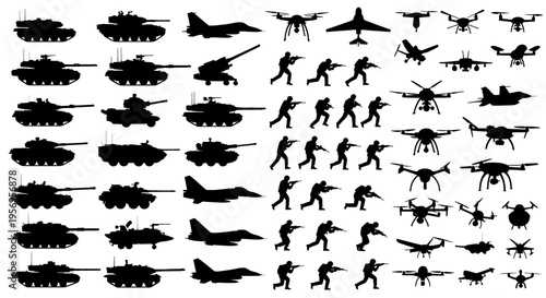 A collection of various military vehicle silhouettes including tanks aircraft soldiers and drones