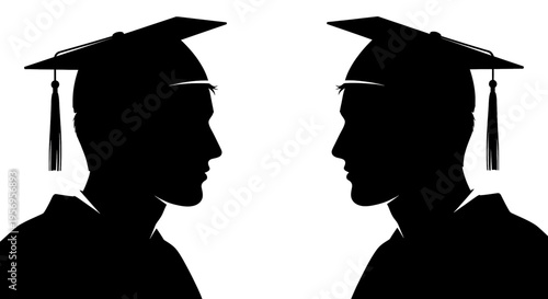 Two profile silhouettes of graduates wearing traditional academic caps facing towards each other