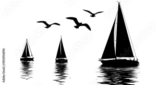 A serene maritime scene featuring three sailboats with their reflection and seagulls in the sky