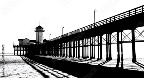 A long wooden pier stretching towards a scenic seaside tower building under a bright summer sky