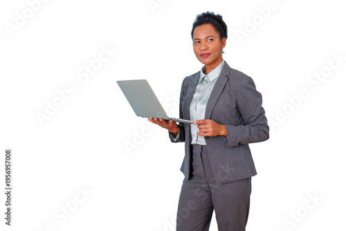 Professional businesswoman standing, holding a laptop, engaged in online business and remote work, with transparent background