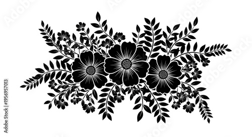 A detailed black silhouette illustration of a lush floral arrangement with leaves and blossoms