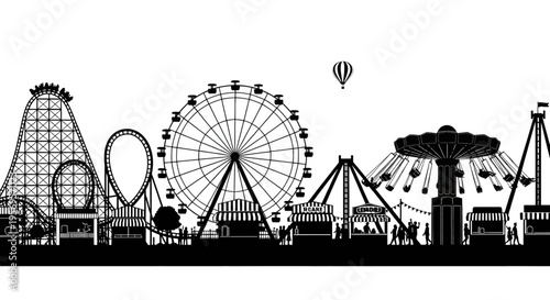 Black silhouette of a vibrant amusement park featuring a ferris wheel and roller coaster rides