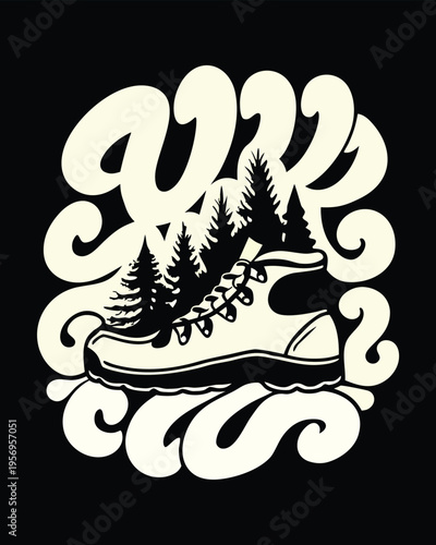 Rugged hiking boot with pine trees and decorative swirl for outdoor adventure travel apparel