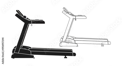Line drawing of two treadmills side views black and white silhouette