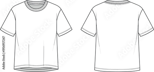 Blank White Oversized Cotton T-Shirt Technical Flat Sketch Template Front and Back View For Fashion Design Tech Pack Vector Illustration