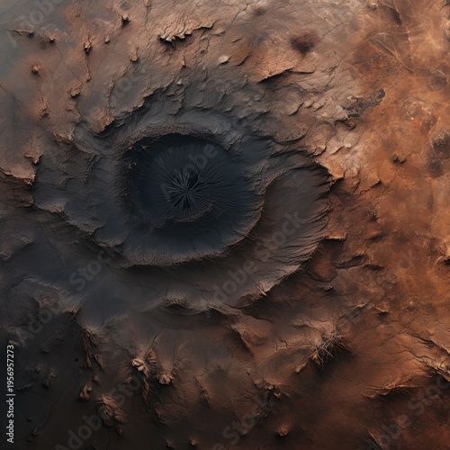 Aerial View of a Dramatic Impact Crater Landscape on a Barren Planet Surface, Mars-like Terrain