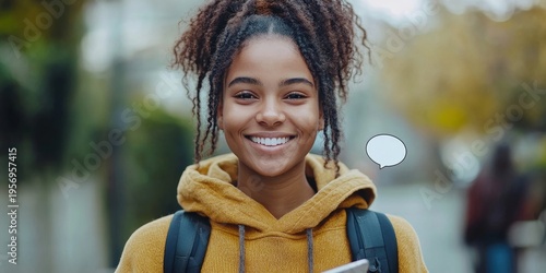 Young smiling woman with a mockup speech bubble, representing social media engagement and online interactions, Generative AI