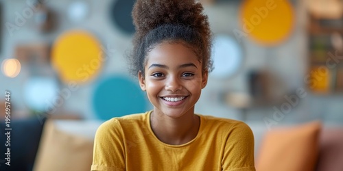 Young smiling woman with a mockup speech bubble, representing social media engagement and online interactions, Generative AI
