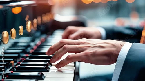 Young man musician playing piano keyboard at music studio