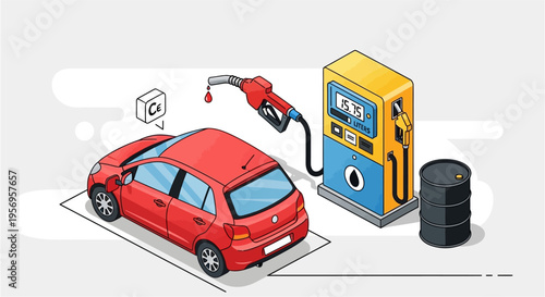 A red car being refueled at an isometric gas station with a fuel pump, barrel, and chemical symbols for calcium and ethanol.