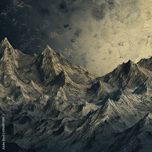 Dramatic Mountain Range Landscape Under a Textured Sky - Ideal for Fantasy and Adventure Themes