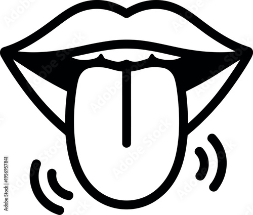 A stylized illustration of a sticking-out tongue with sound waves emanating from the sides