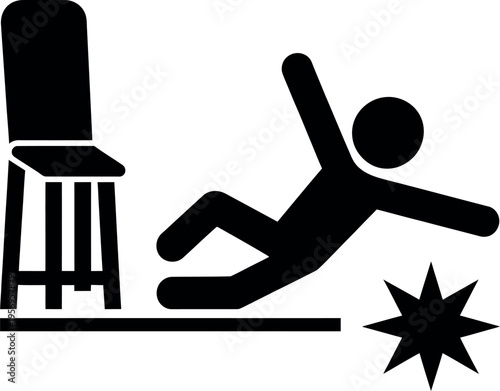 Person slipping on a wet floor near a chair and a spark indicating danger