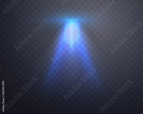 Blue spotlight beam illuminates dark stage background, dramatic concert lighting effect with glowing rays for award show or theater performance on transparent background. Vector illustration.