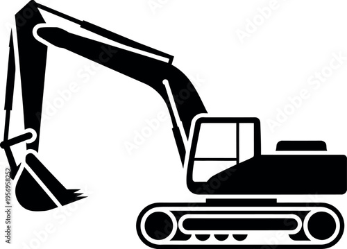 A black and white illustration of an excavator with an extended arm and bucket.