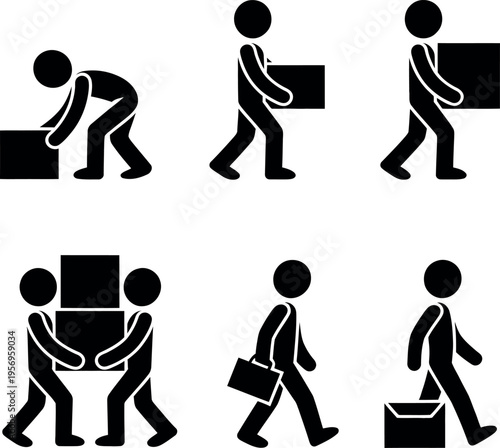 Illustrations depicting various ways people handle and transport boxes and luggage