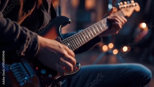 Electric Guitar Melodies: A musician's skilled hands expertly strum an electric guitar, creating captivating melodies within a dim, atmospheric setting.
