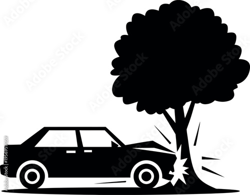 A car collision with a tree causing significant damage to the vehicle's front end