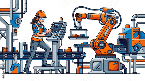 Woman working with industrial robotic arm.