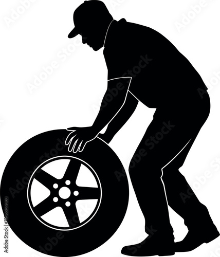Person changing a car tire outdoors on a sunny day