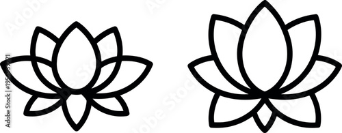 Two stylized lotus flowers depicted in simple line art against a plain background