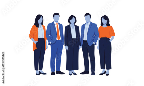 Five business professionals standing together in formal attire