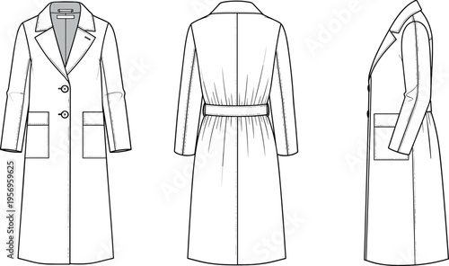 Women's Long Tailored Overcoat Technical Flat Sketch Vector with Notched Lapel Two Button Closure and Elasticated Back Waist Detail Template