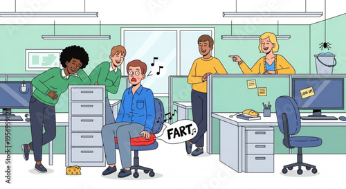 Humorous office scene depicting a man accidentally passing gas while colleagues react with laughter and pointing creating an awkward and embarrassing moment during a workday