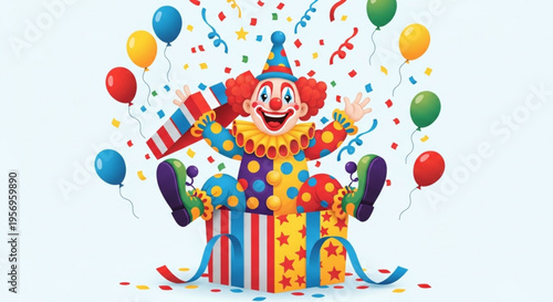 Joyful cartoon clown bursting out of a vibrant gift box surrounded by colorful balloons and confetti celebrating a festive holiday or birthday party with a cheerful and energetic