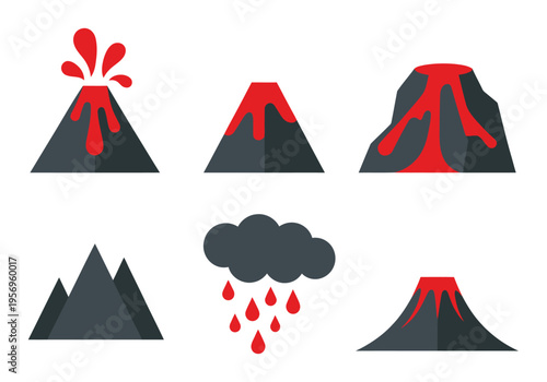 Volcano Vector Illustration Set with Eruption and Rain