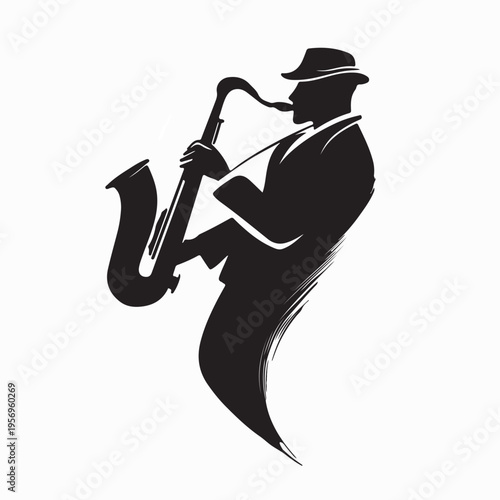 Vintage Jazz Musician Playing Saxophone Silhouette Vector On White Background
