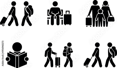 Collection of icons depicting travelers and luggage in various scenarios