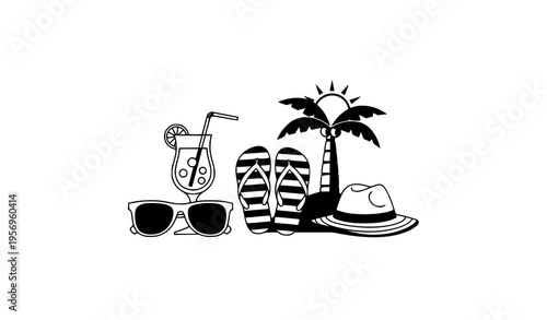 Black and white beach relaxation flat lay with drink sunglasses and summer accessories minimal vector design