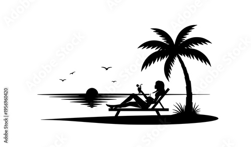 Black and white silhouette of woman relaxing on beach chair with drink under palm tree minimal summer vacation vector