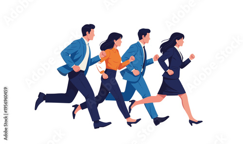 Business professionals in motion running together in office attire