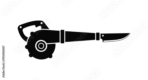 A black silhouette of a leaf blower combined with a knife silhouette