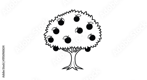 Simple illustration of an apple tree with dark fruit silhouette
