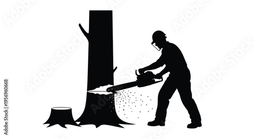 Lumberjack felling a tree with a chainsaw a striking silhouette