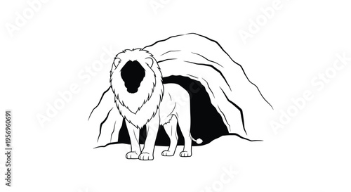 A majestic lion emerges from a cave opening black silhouette