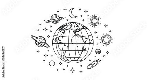 Celestial bodies and earth illustration in a striking silhouette