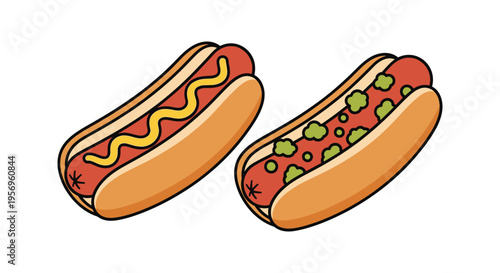 Two hot dogs with different toppings a colorful illustration silhouette
