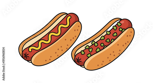 Two colorful hot dogs with different toppings a cartoon silhouette