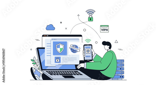 Cybersecurity concept: person using VPN on phone and laptop for secure internet connection