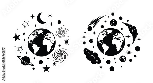 Celestial bodies including planets stars and a crescent moon silhouette