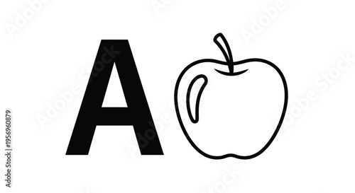 Simple graphic of letter a and apple in black silhouette