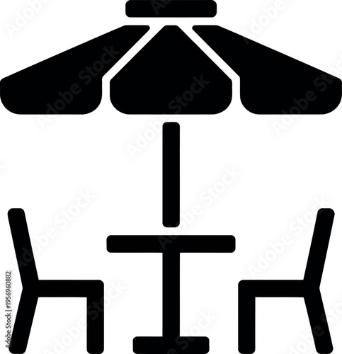 Black and white illustration of an outdoor patio dining setup with chairs and an umbrella.